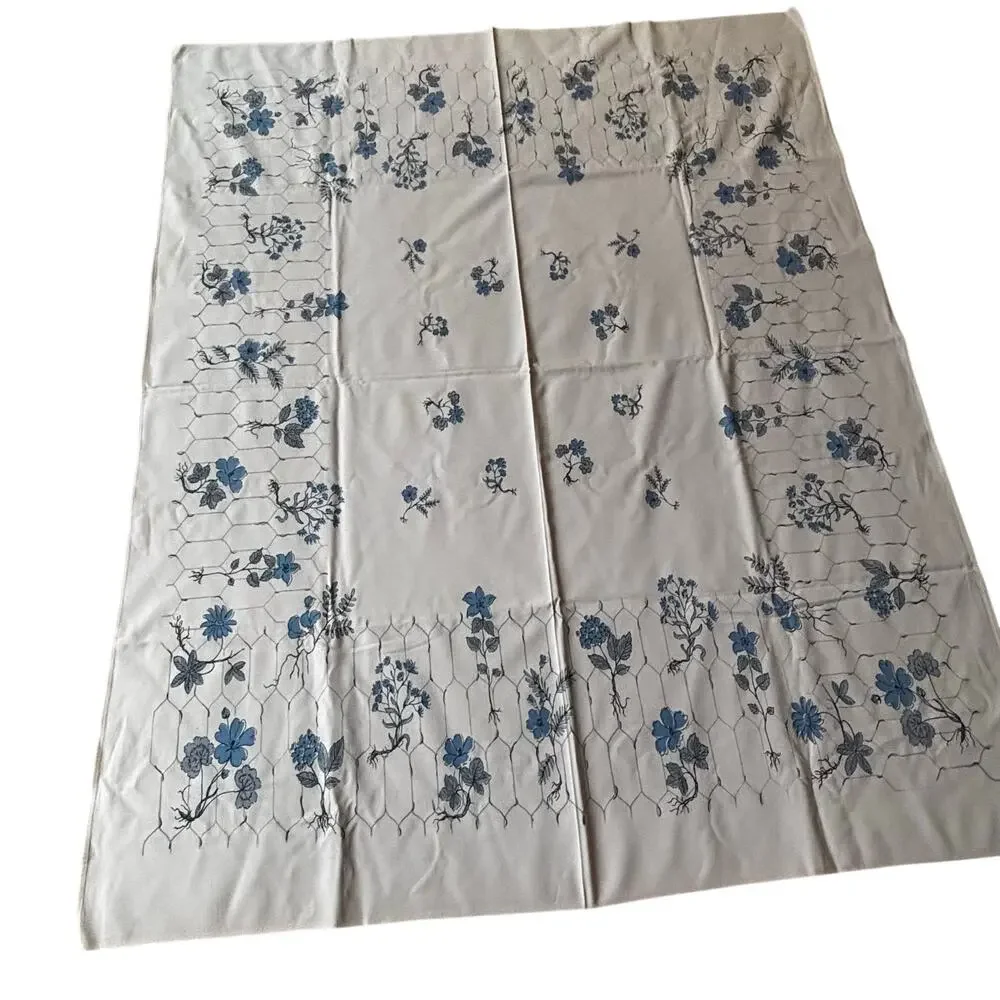Vintage tablecloth printed cotton rectangle faded PINK blue & gray floral design